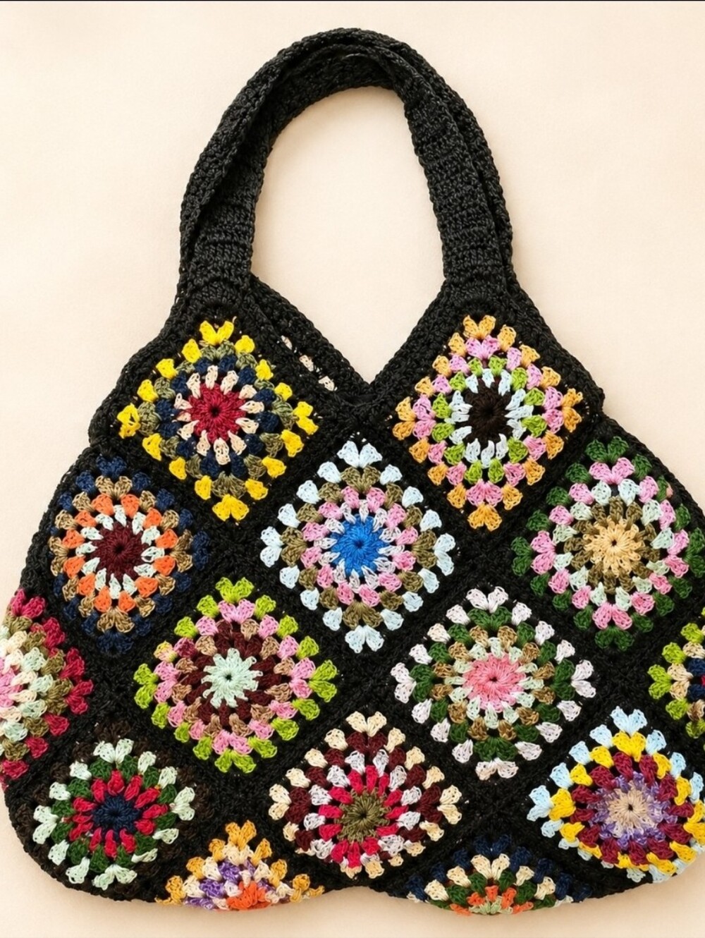 Boho Crochet Granny Square Shoulder Bag Multicolor Black Lined Tote